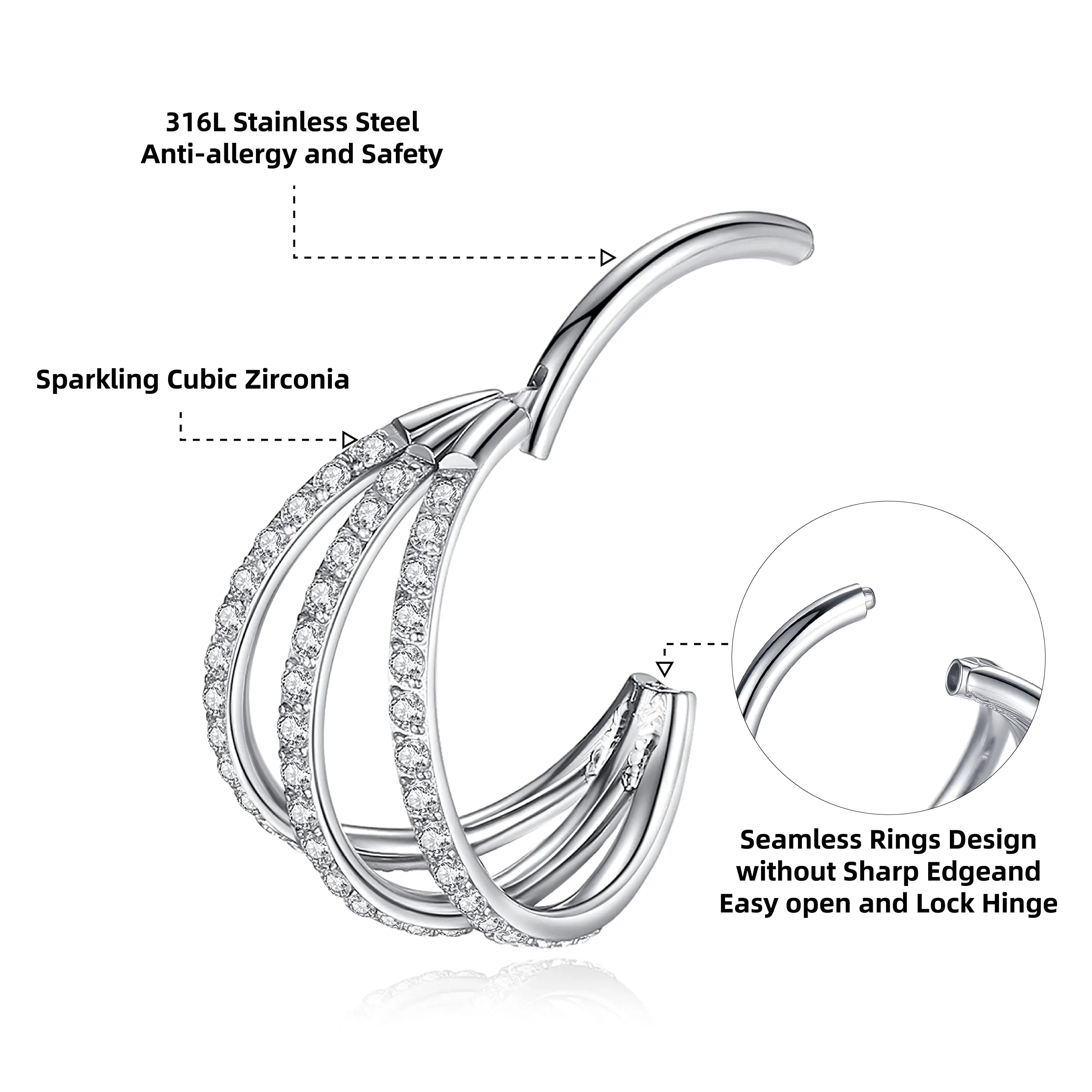 Titanium Nose Rings Septum Clicker Hoop Ear Cartilage Earring Earlobe Piercing Three Rows Zircon Tragus Helix Piercing Jewelry