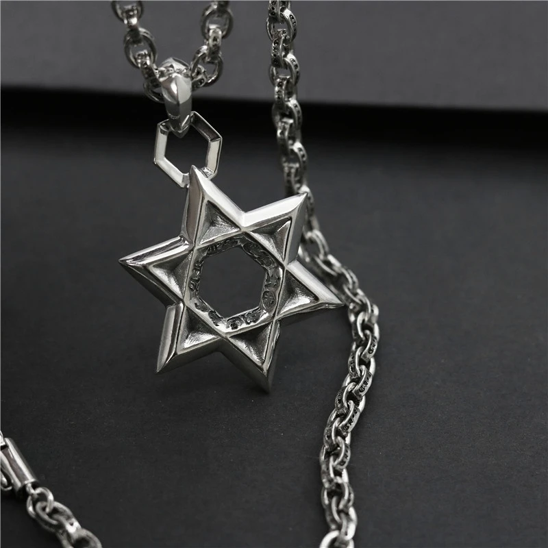 

Tibetan Silver Retro Necklace Hexagram Pendant S925 Silver Personality Punk Women's Necklace Men's Hip Hop Jewelry