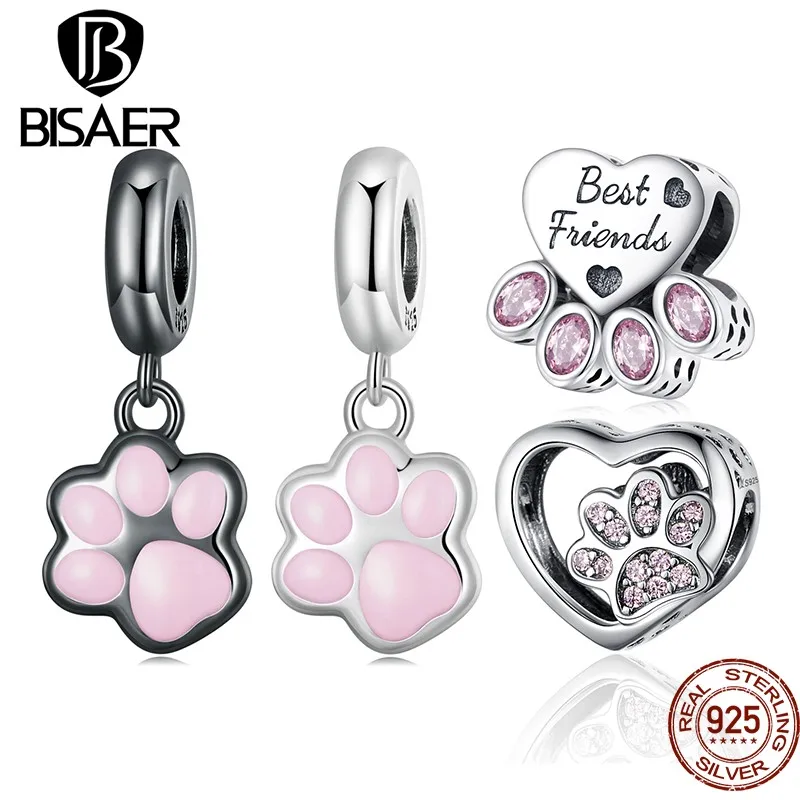

BISAER 925 Sterling Silver Mini Cat Paw Charm Bead Enamel Process Pendant Plated Platinum Fit DIY Bracelet Necklace Fine Jewelry