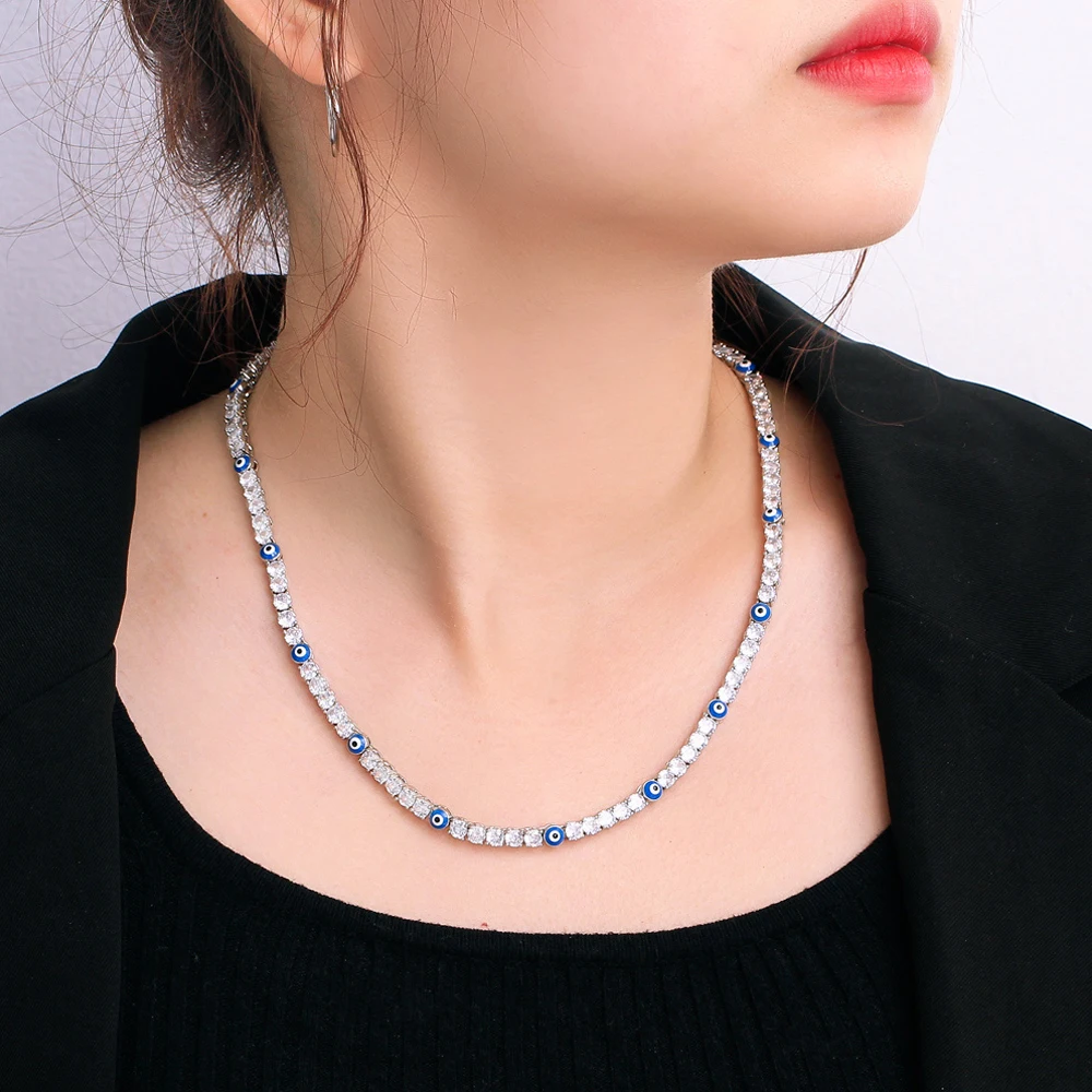 

BeaQueen Women Fashion Chain Choker Necklaces Clear White Blue Eye Cubic Zirconia Silver Plated Engagement Party Jewelry N028