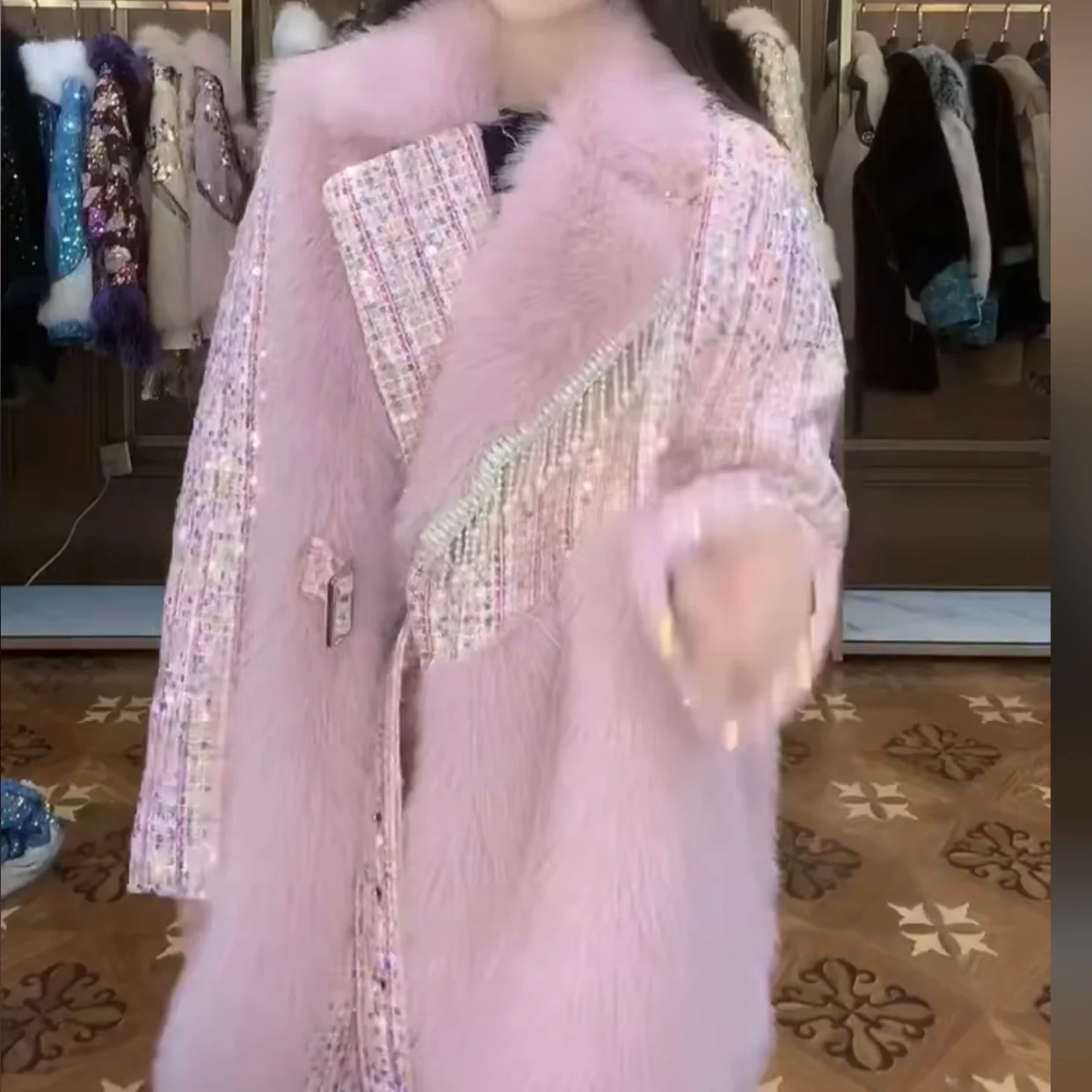 Toka Double Face Wool Warm Pink Fur Coat Female Heavy Industry Beads Tassel Sequins Casual Woolen Jacket 2022 New Winter Coats