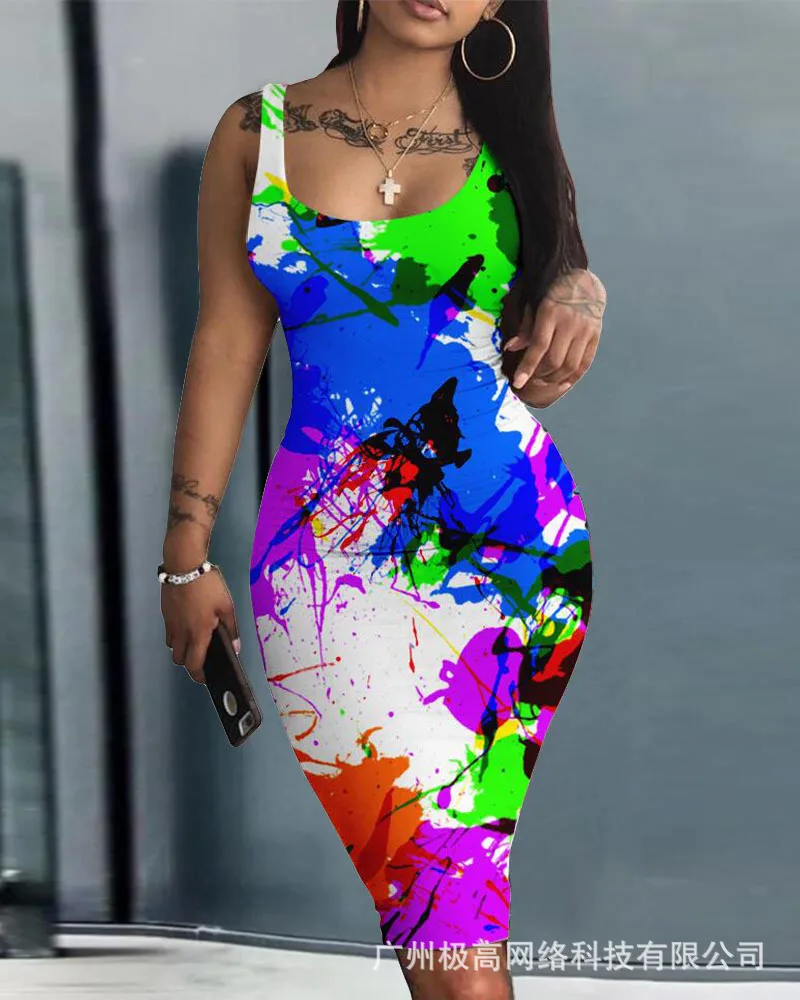 

Abstract Print Sleeveless Bodycon Dress Women Slim Sexy O Neck High Waist Mini Dress Fashion Casual Summer