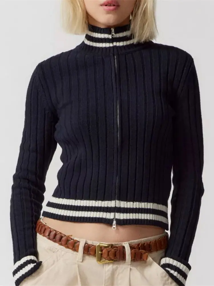 

Модный вязаный женский свитер в полоску с двойной молнией, Осенний укороченный теплый кардиган с длинным рукавом, свитер 2023, женские уличные Топы