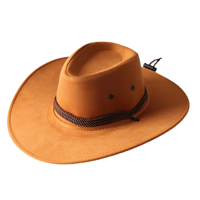 

2022 Unisex Western Cowboy Hat with Rope Wide Brim Trendy Solid Color Jazz Hat Windproof Wild for Chilly Outdoor Activities caps
