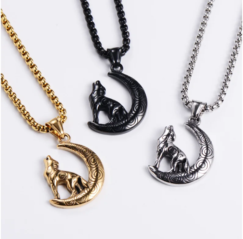 

ANGLANG High Quality Stainless Steel Punk The Moon Wolf Called The Moon Pendant Chain Necklace Men's and Women"s Necklace Gift