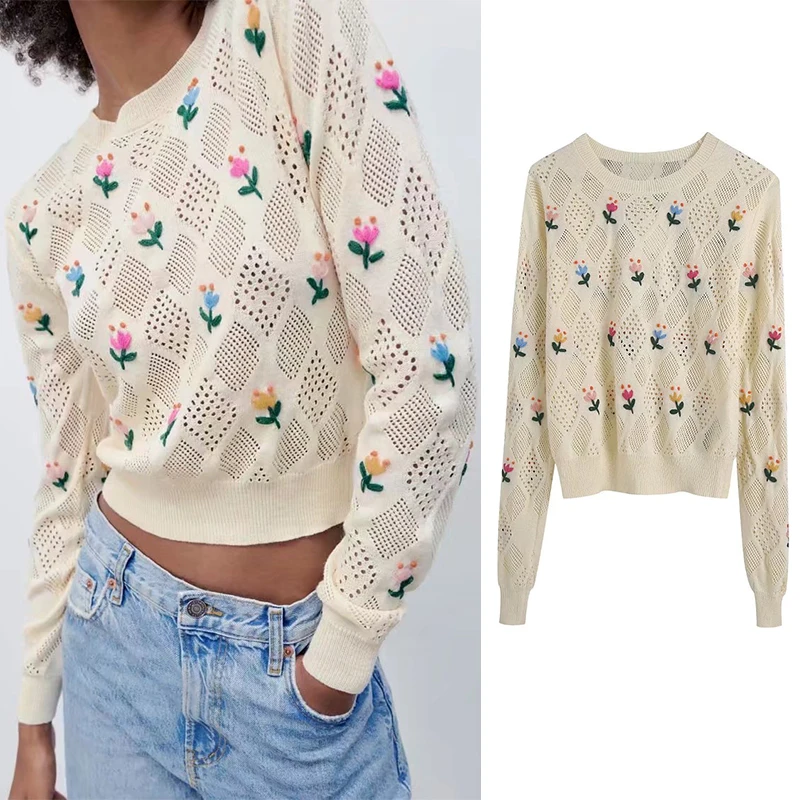 

Spring 2022 Women Flowers Embroidery Jumpers Fashion Knitting Sweater Female Chic Basic O Neck Long Sleeve Pullovers Tops