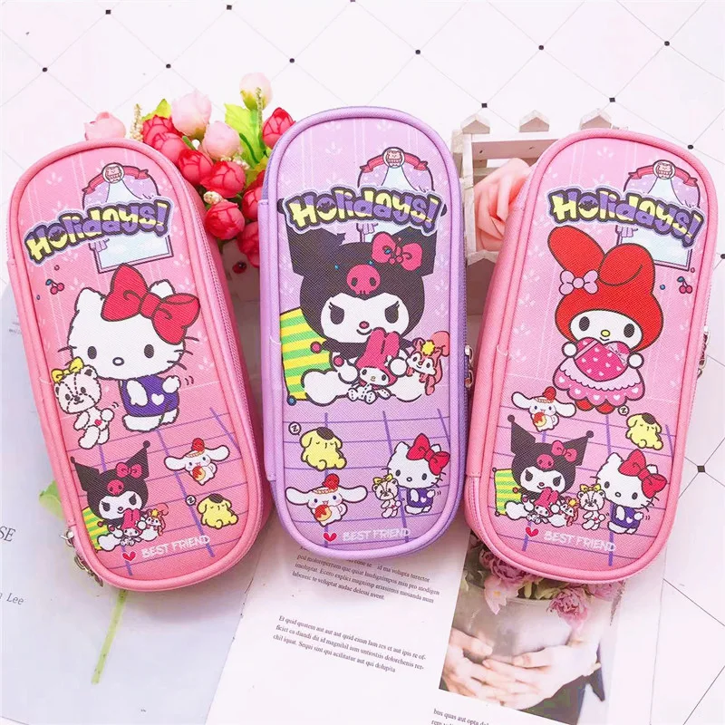 

Чехол Kawaii Sanrio из искусственной кожи с рисунком, мультяшный аниме Kuromi My Melody Cinnamoroll, большая емкость, канцелярская коробка, подарок для девушки
