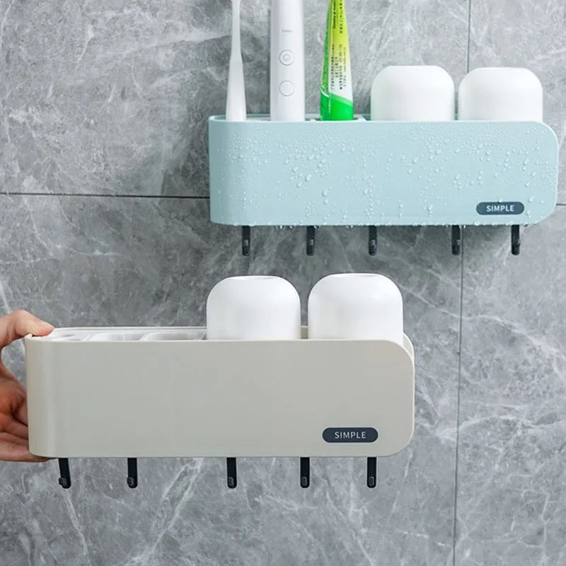 

Household Toothbrush Holder Without Rack Punching Bathroom Wall Mounted Mouthwash Cup Shelf with Hooks Tooth Cup Storage Rack