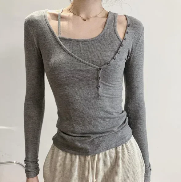 Футболка TSXT с длинным рукавом и квадратным воротником дизайнерская Облегающая