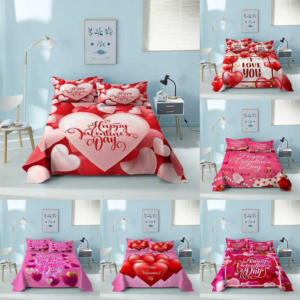 

Love Hearting Print Bed Sheet Polyester Girls Bedding Flat Sheet Queen King Size Home Wedding Valentine's Day Decor Bedspread