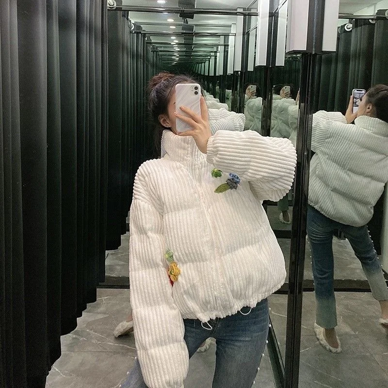 2022 Corduroy Kawaii Girl French Retro Cute Jacket Loose Short Down Jacket Winter Girl Sweet Flower Embroidered Cotton Jacket
