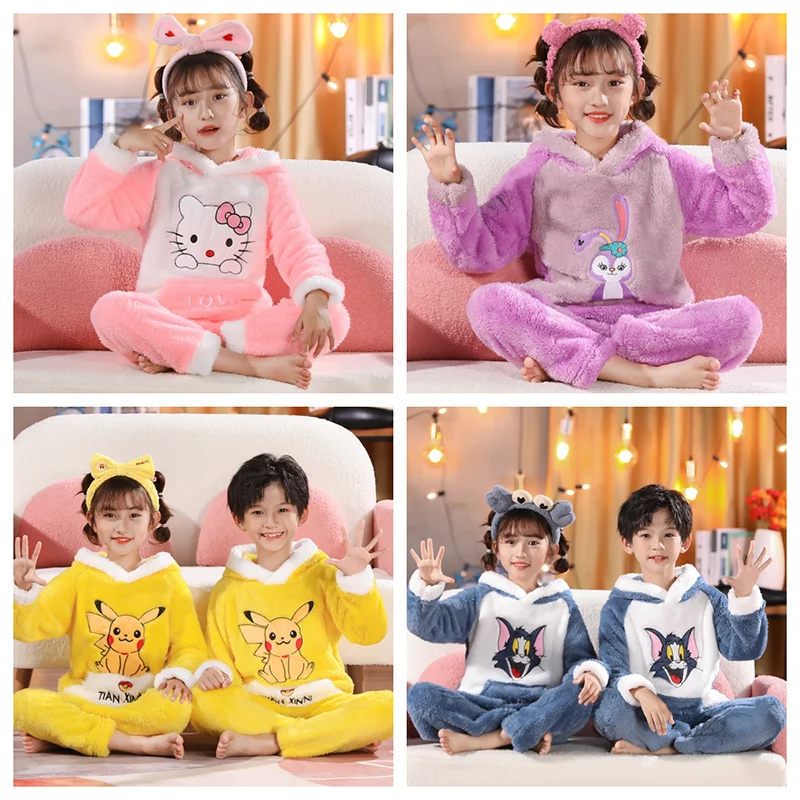 

2piece Set Sanrios Flannel Pajamas Autumn Winter Children Anime Cartoon Kawaii Thickened Fleece Hooded Boys Girls Baby Y2k Gift