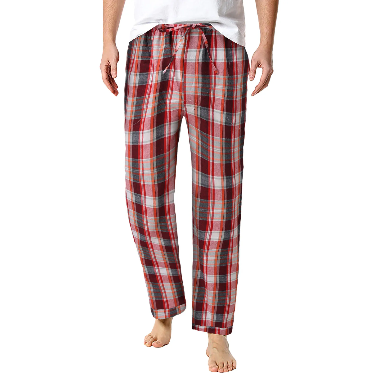 

Men's Fashion Casual Large Plaid Lace Pants high quality Cotton Can Be Worn Outside Pajamas Home Pants mens clothing pantalones