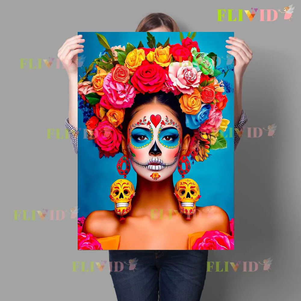 Мексиканский день мертвых цветы призрак лицо девушка женщина плакат настенная