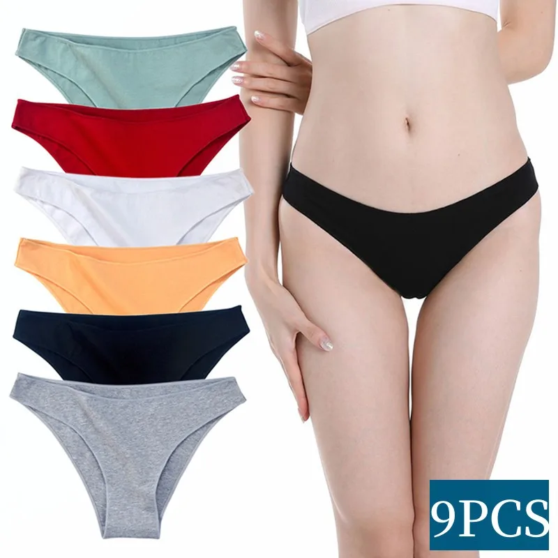 

9Pcs/Set Women Sexy Cotton Panties V-Waist Thong Solid Color Underwear Low Rise Female Soft Intimates Female Lingerie M-XXL