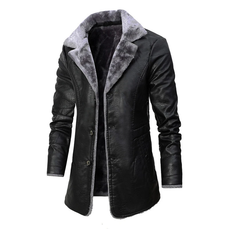 Men's Long Autumn And Winter Business Fleece Large Lapel Faux Leather Plush Jacket