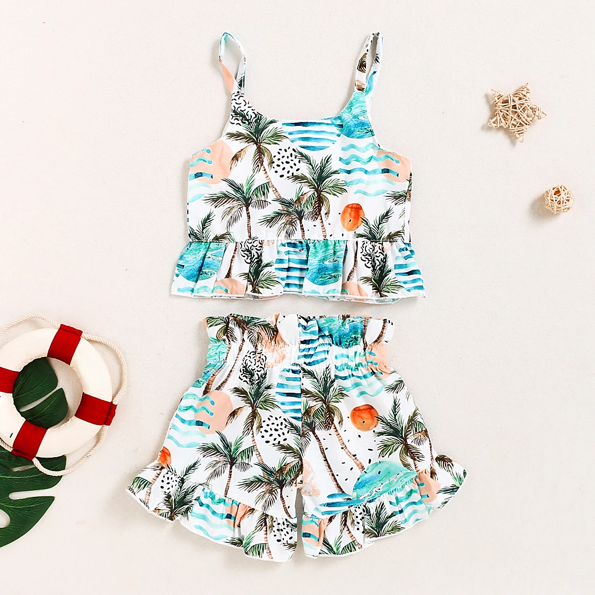 RiniLucia Summer Newborn Baby Girls 2-piece Outfit Suit Print Ruffle Strap Tops+Shorts Clothes Set for Toddler Infant Girls