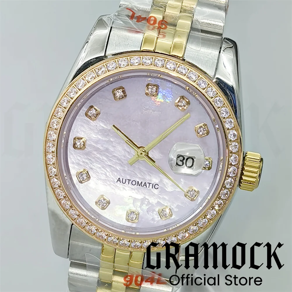 Фото Роскошные женские часы Gramock 31 мм с декором и бриллиантами NH05, двухцветный золотой корпус, сапфировое стекло, солнечные лучи, фиолетовый, серый циферблат, римский индекс №1
