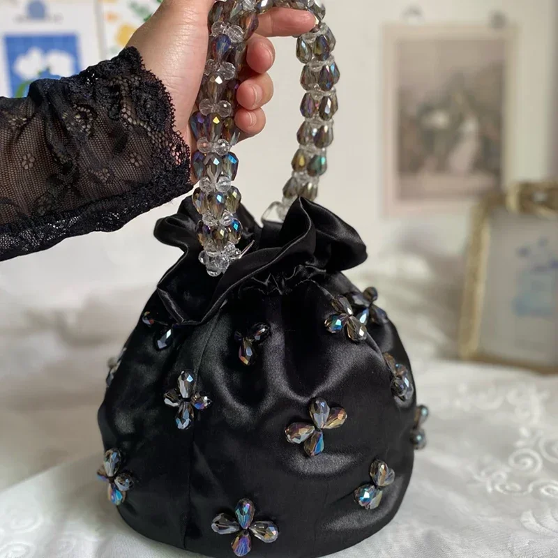 

New Trendy Satin Hobo Bag Women's Handbag Handmade Beading Handle Bucket Purse Dinner Party Evening Bag Shoulder Crossbody Bag
