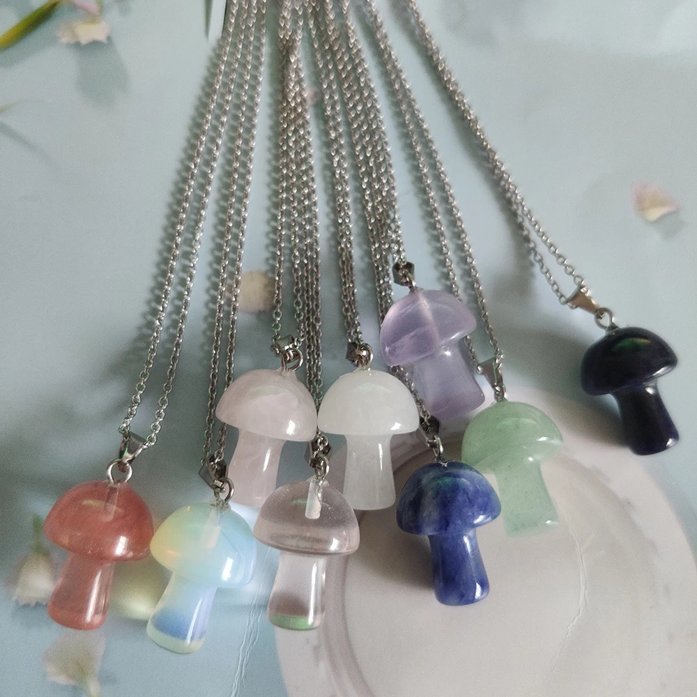 

Natural Stone 20mm Mushroom Pendant Necklaces Pink Crystal Chakra Charms Necklace for Women Men Gifts