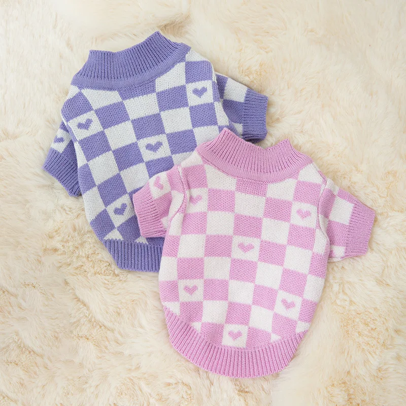 New Dog Checkerboard Love Cardigan Autumn and Winter Teddy Bomei Sweater Small and Medium Dog Pet Clothes  XS-XL