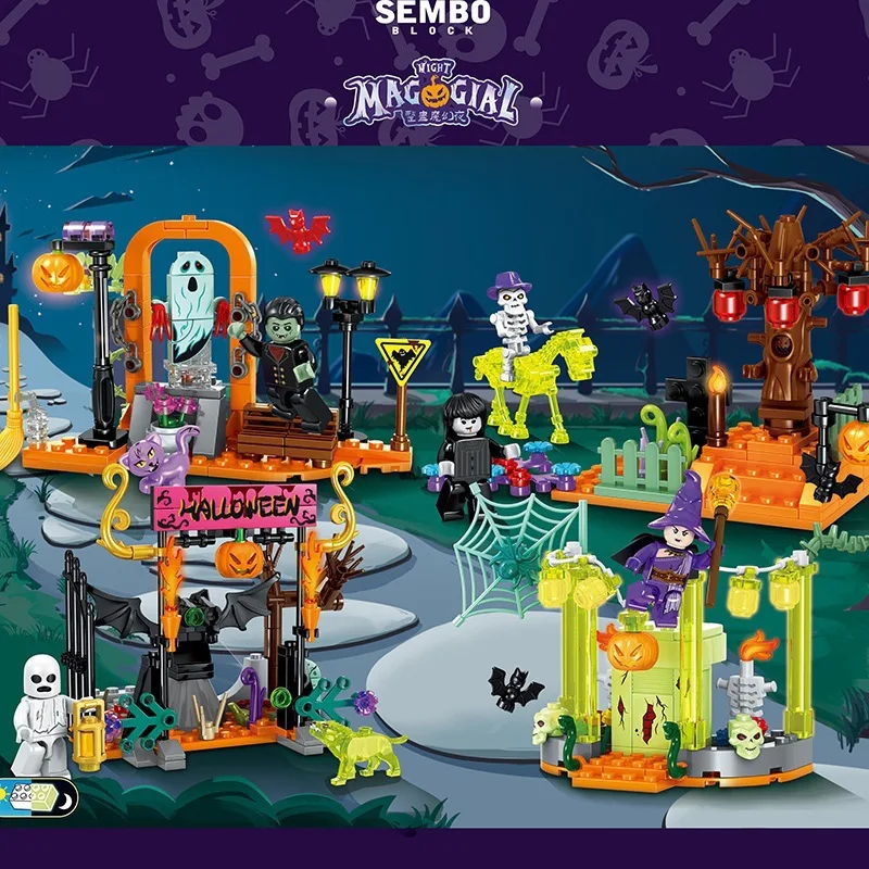 

Holiday Halloween Haunt Party Building Blocks Fright Night Magical Pumpkin Head Skeleton Vampire Figures Model Toys Gift