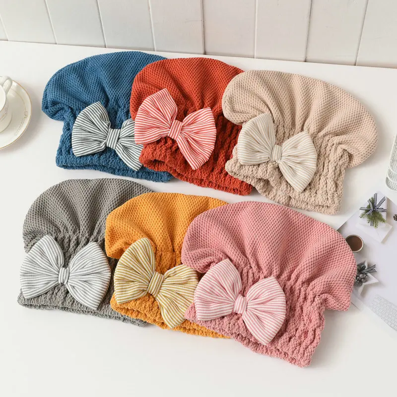 

Coral Velvet Quick Hair Drying Bath Towel Spa Bowknot Wrap Towel Cap Bathroom Accessories Bonnets For Women Children Shower Cap