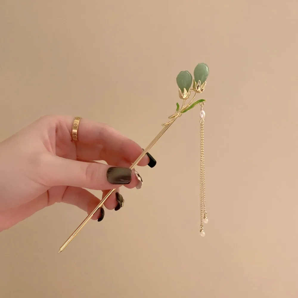 

1Pc Ancient Style Green Flower Tassel Hair Fork Cheongsam Hanfu Elegant Retro Flower Hair Stick Styling Tools