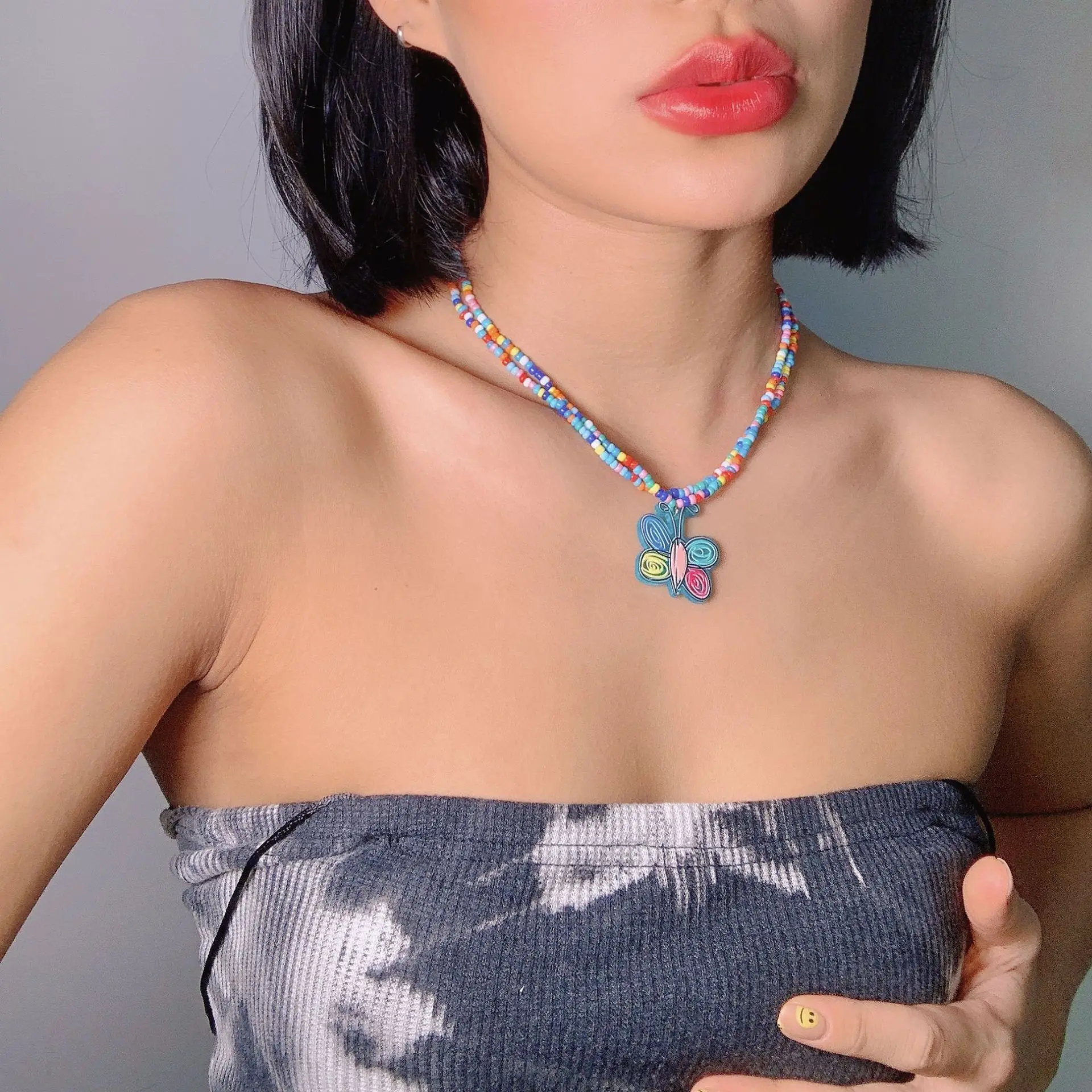 

New Bohemia Flower Butterfly Double Layer Pendant Necklace for Women Creative Colorful Dripping Oil Party Jewelry Chain Necklace
