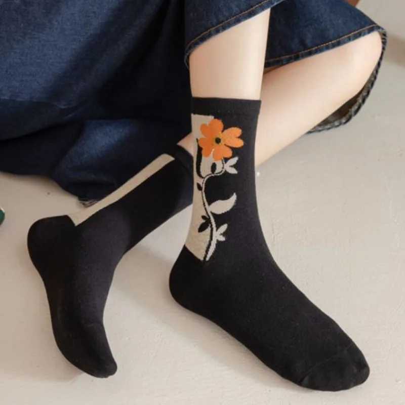 5 Pair Lady Style Pure Cotton Socks Vintage Print Long Winter Women Socks Set Kawaii Foot Warmers Girl Comfortable Vrouw Sokken
