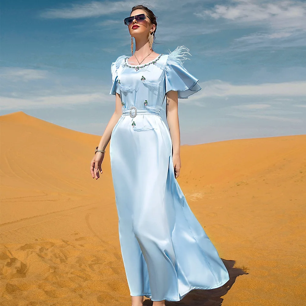 Muslim Long Dress Light Blue Satin Dress Hand Sewn Drill Muslim Style Women Festive Dress Islamic Robe National Dress Abaya Robe