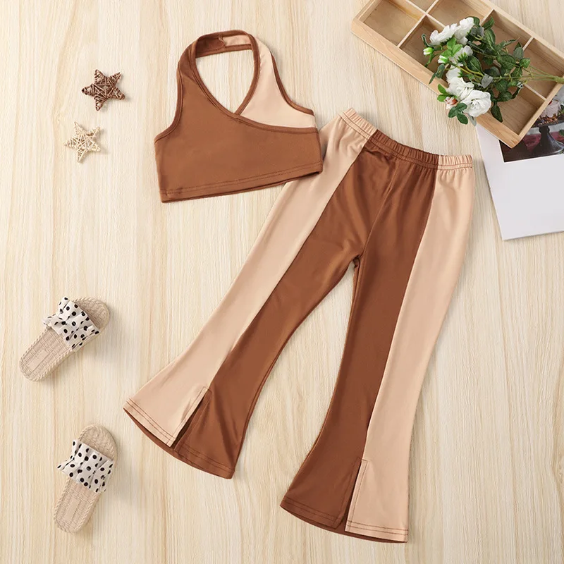 

2022 New Summer Clothes Sets Sleeveless Halter Patchwork Brown Cute 2 Piece Sets Designer Boys Clothes Sets 4-7T