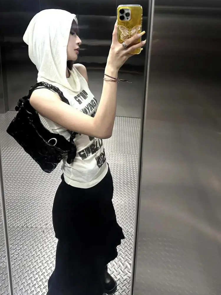 Seeslim Хип-хоп Белые топы на бретелях с капюшоном Женская одежда Уличная принтом