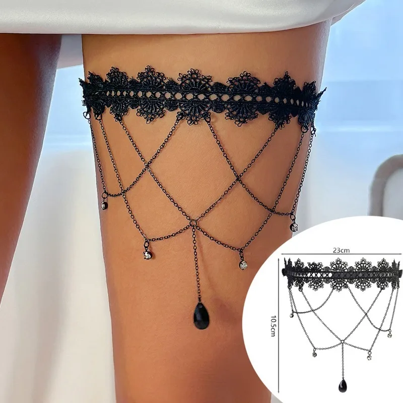 Резинка черная кружевная кисточка многослойная цепочка на бедро с драгоценными