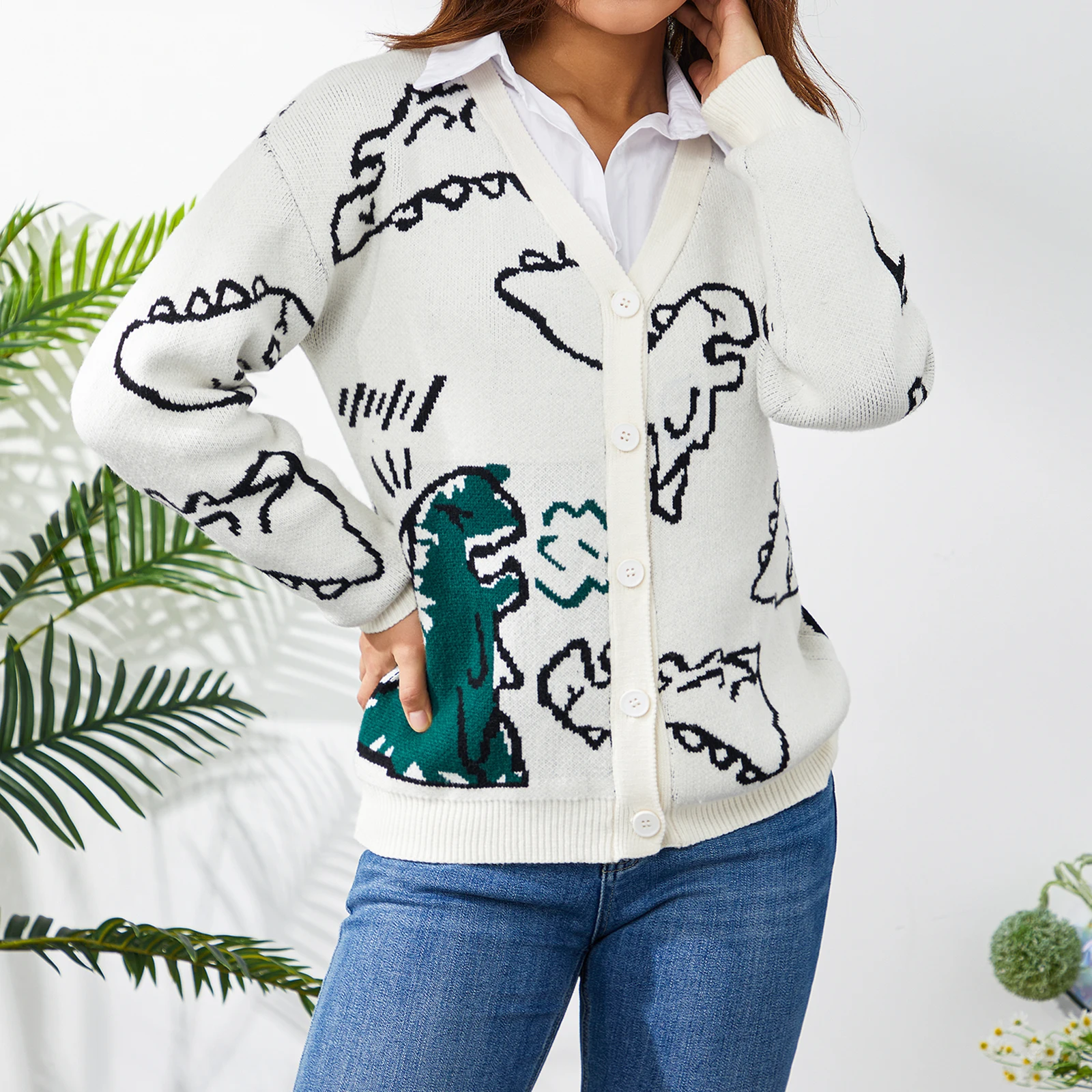 

korean clothes Button Loose cardigan women Tops Print Knitted Cardigan Autumn Winter Sweaters mujer