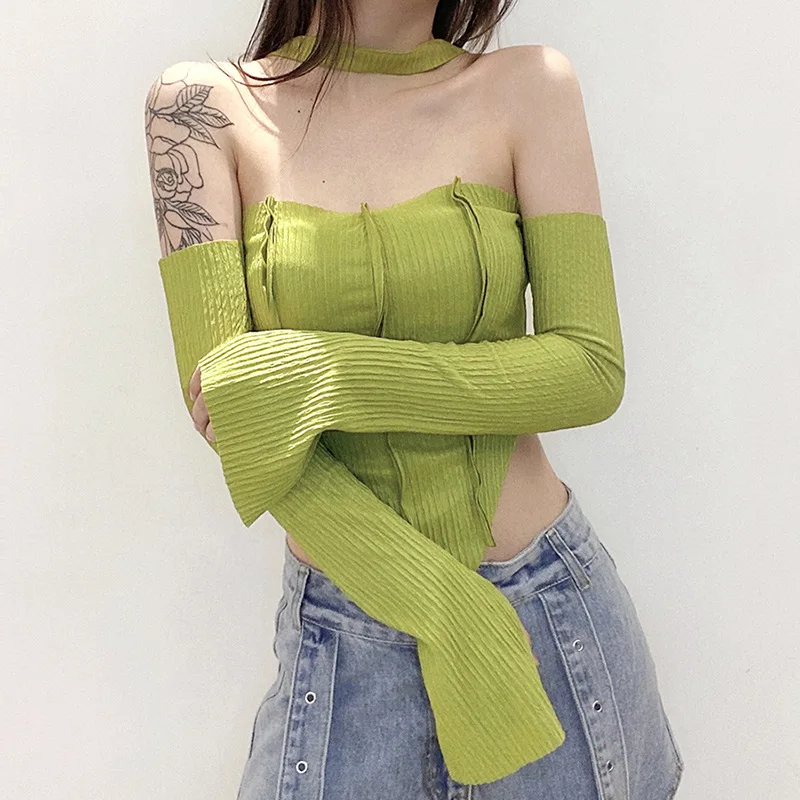 

Sexy Hollow Out T-Shirts Women Punk Halter Long Sleeve Top Autumn Streetwear Slash Neck Tees Gothic Plaid Print Crop Top Female