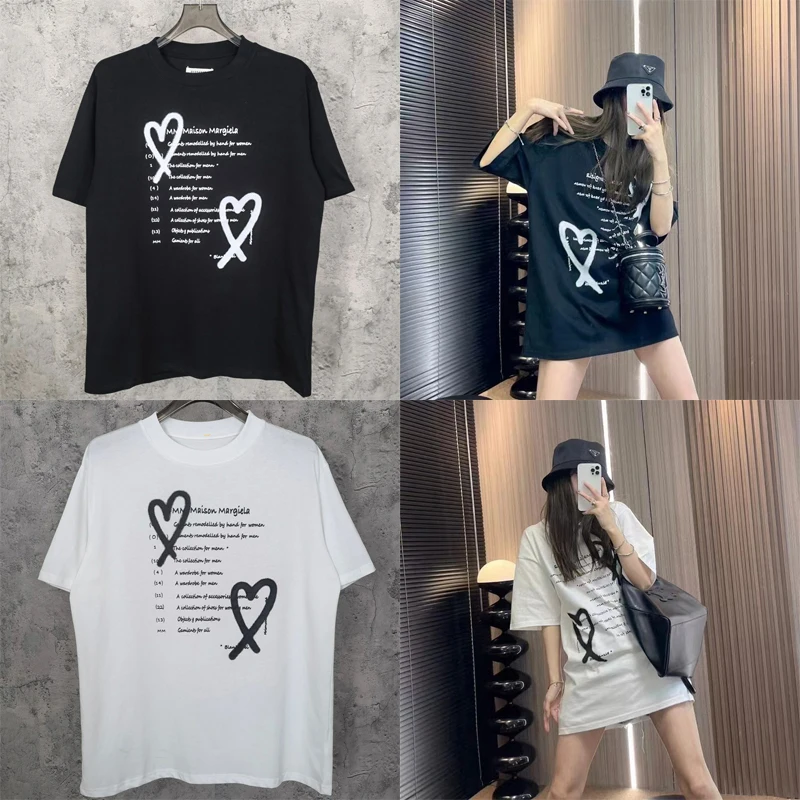 

Two Hearts Letters Pattern Logo Print Short Sleeve Mm6 Margiela T-shirt Summer Unisex Holiday Top Tee Mm6 Margiela T Shirts