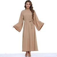 the new muslim fashion hijab long dresses women with sashes solid color islam clothing abaya african dresses crew neck