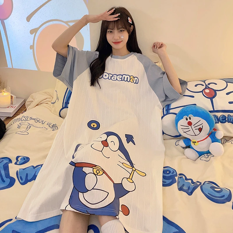 Summer Women Nightgown Pajamas Cartoon  Anime Doraemon Nightdress Cute Sleepwear Girl Pijamas Mujer  Women Leisure Homewear