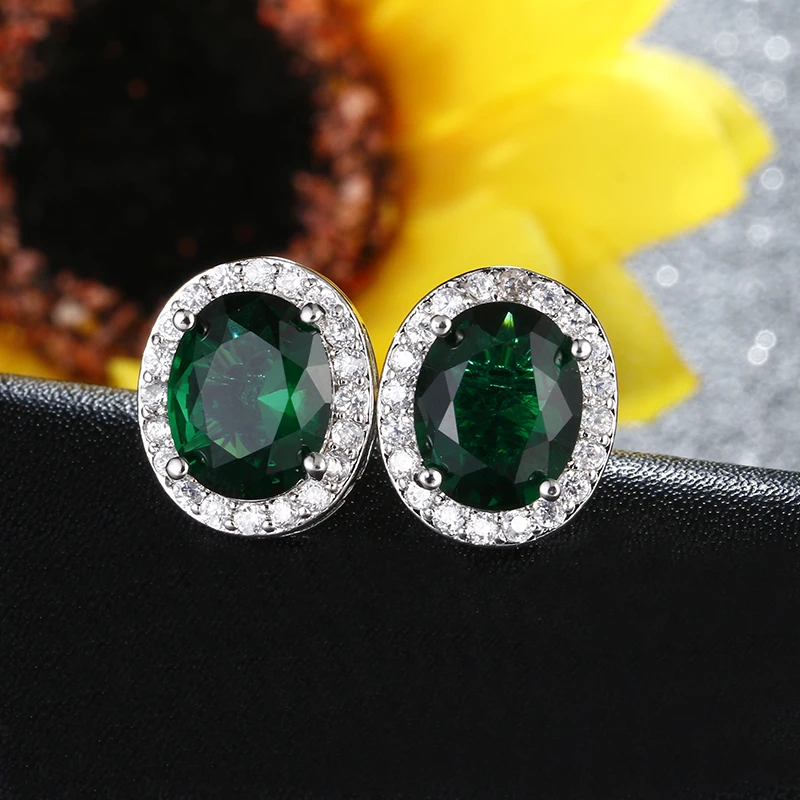 Серьги-гвоздики AE356 женские Классические овальные серьги с зеленым камнем и