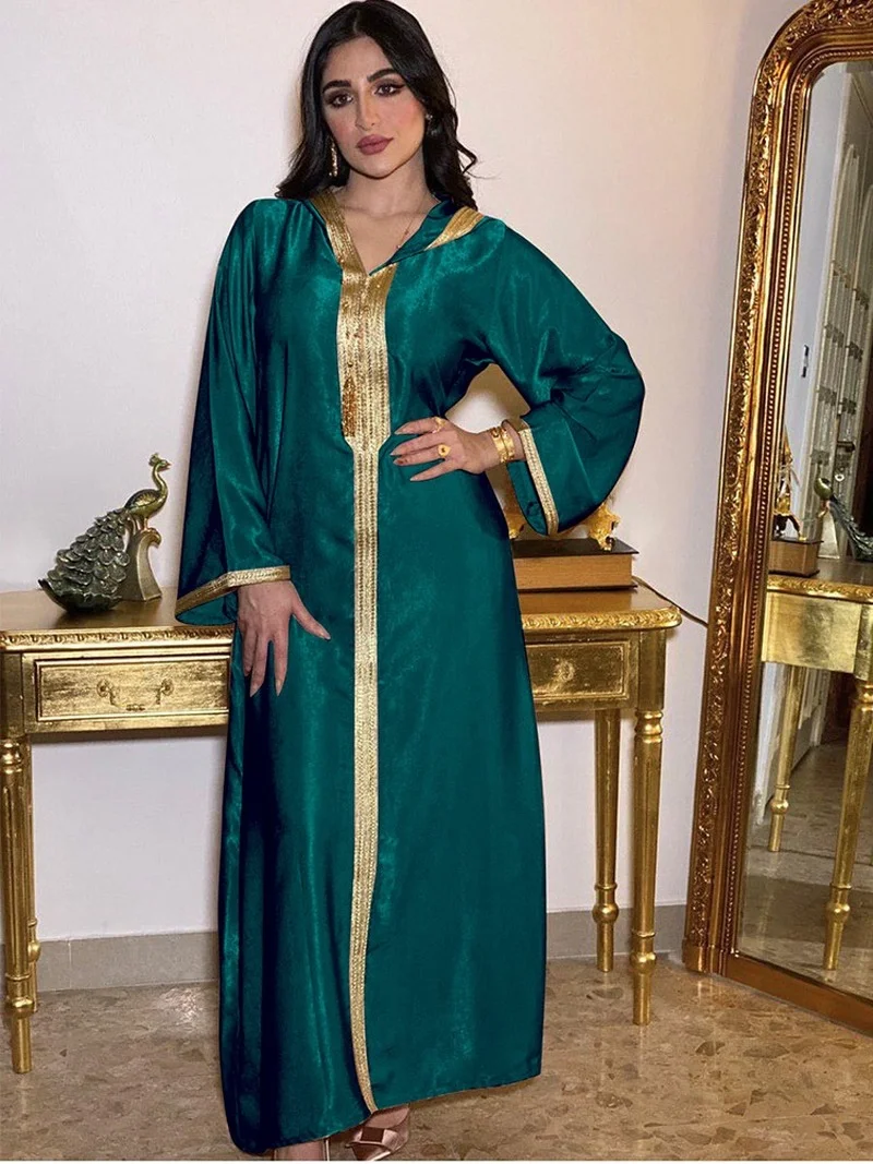 Eid Ramadan Dubai Abaya Jalabiya Hooded Dress Loose Muslim Women Kaftan Robe Islamic Arab Morocco Wedding Party Gown Green White