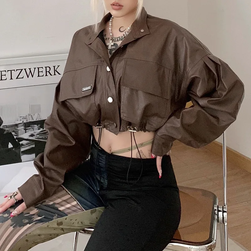 Trendy Single-breasted Leather Jacket with Lapel Faux Leather Jacket Biker Winter Coat Patent Leather Cropped Brown Tops Jacket