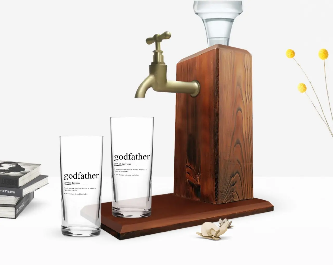 

BK Home Printed Godfather Godfather Design Dual Arrack Cup and Wood Rack Stand Gift Seti-14