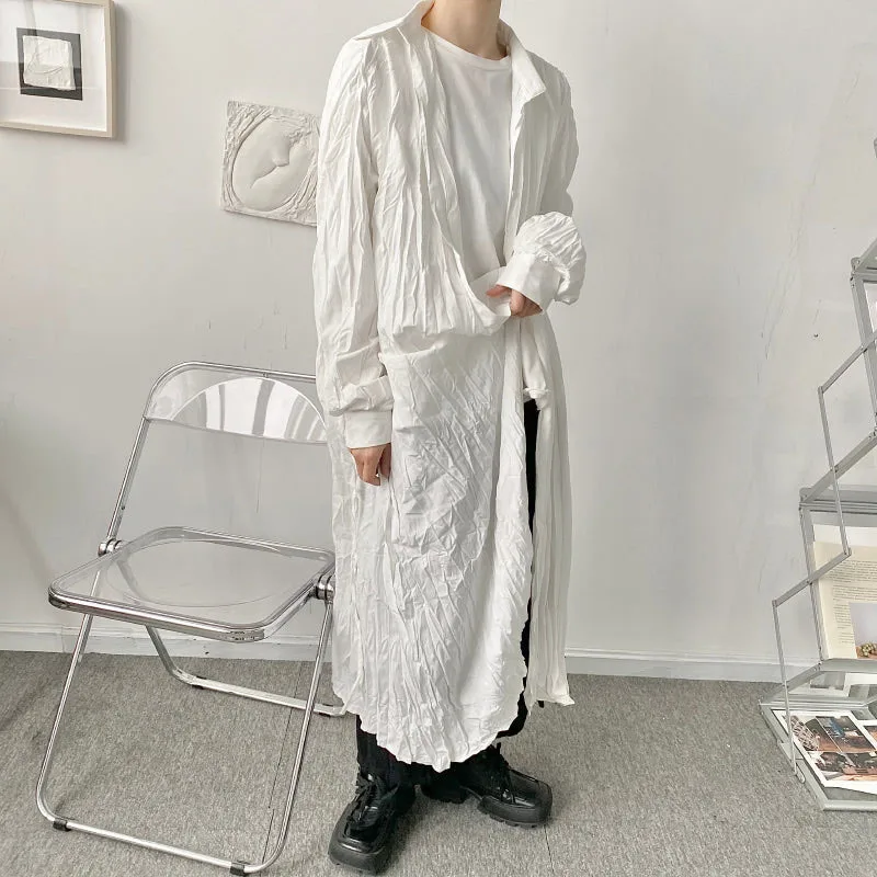 Men's Retro Harajuku Long Sleeve Lapel Robe Button Pajamas Loose Pleated Oversized Casual Homewear Solid Color Long Shirt
