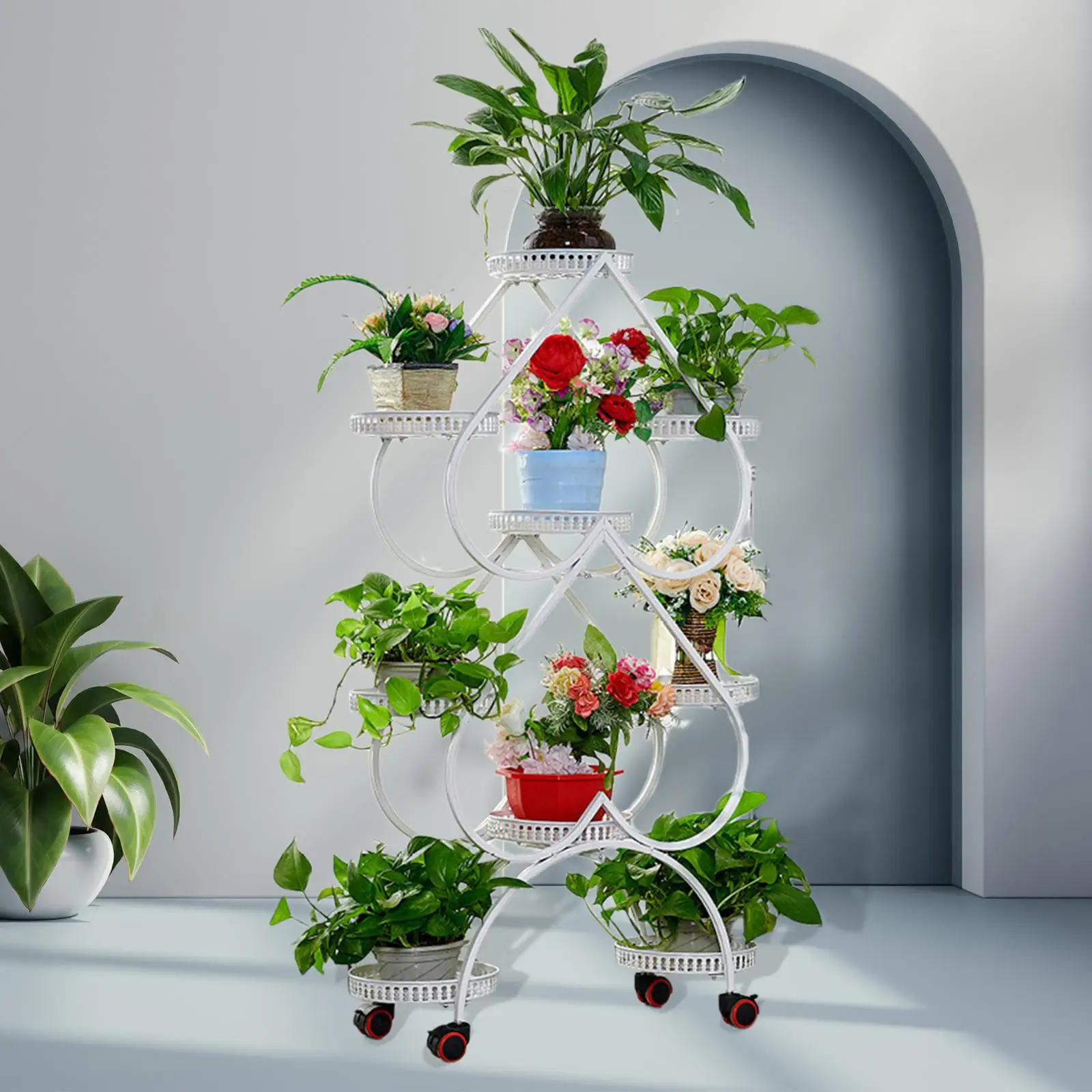 

Plant Stand Metal Display Holder with 4 Pulley Balcony Indoor Yard Decorative Organizer Garden Flower Pot for Planter Shelf