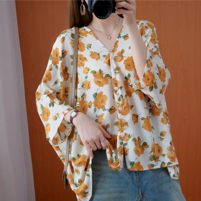 Женская винтажная рубашка из хлопка и льна с цветочным принтом |