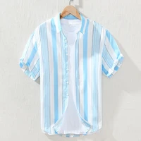 summer mens striped shirts turn down collar short sleeve business casual loose blue cotton blouse daily male outfits