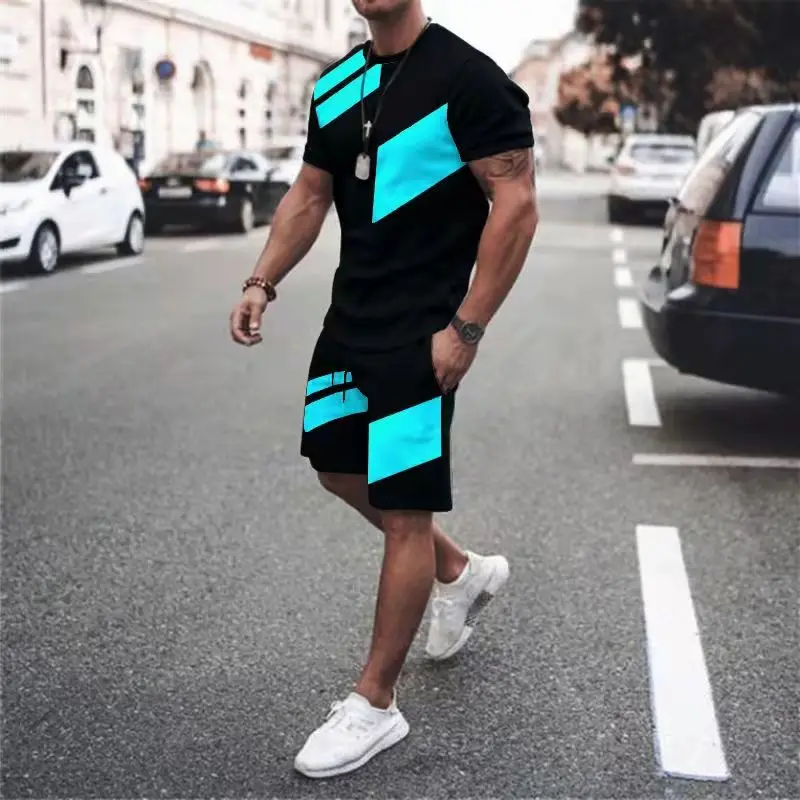 Summer Men's Tracksuit Set T-Shirt Shorts 2-piece Striped Splicing Fashion Fitness Sportswear Large Size Jogging Suit Streetwear