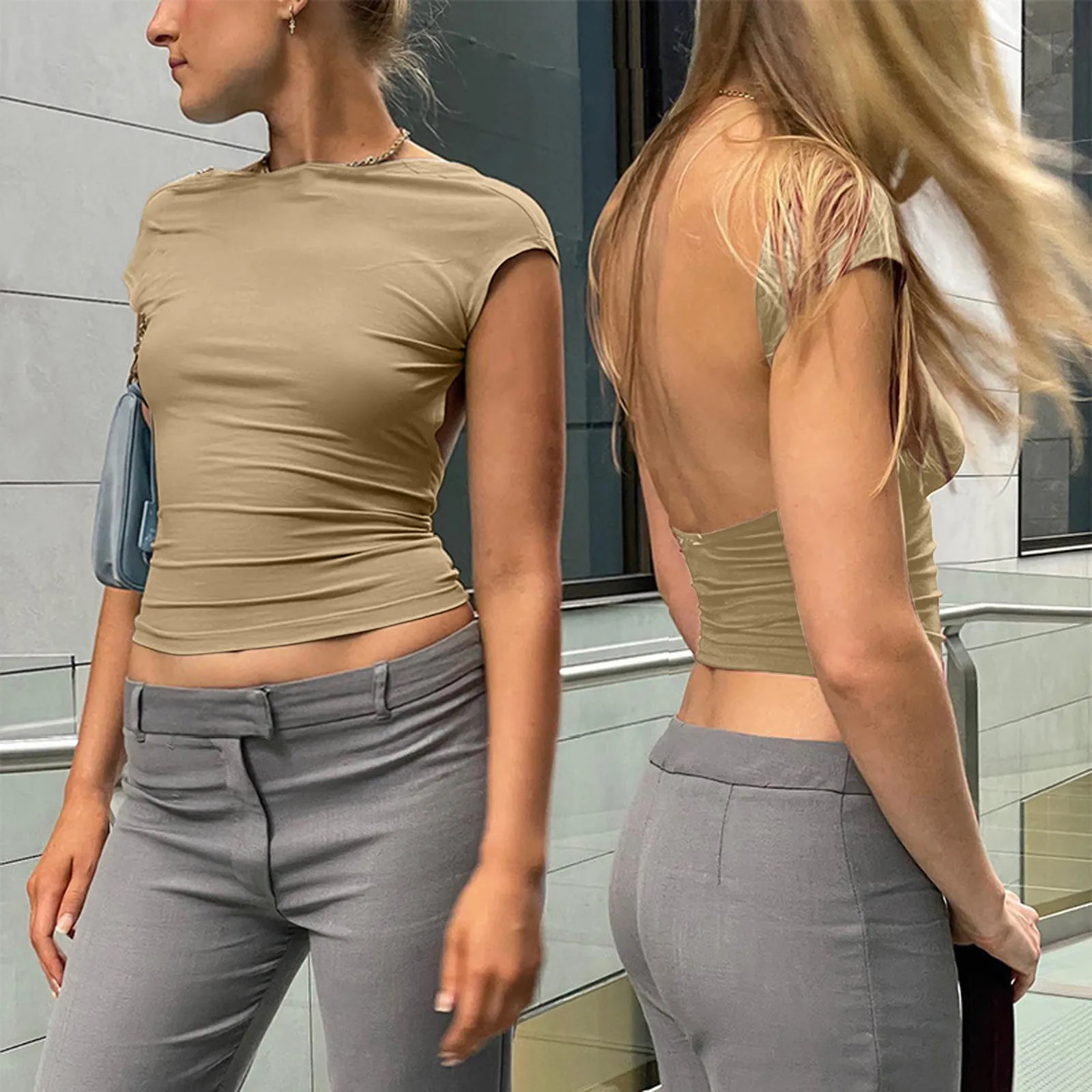 

Sexy Cut Out Backless Cropped Top Woman Solid Short Sleeve Skinny Y2k Tops 2022 Summer Multi Ways Wear Basic Women's T-shirt 90s