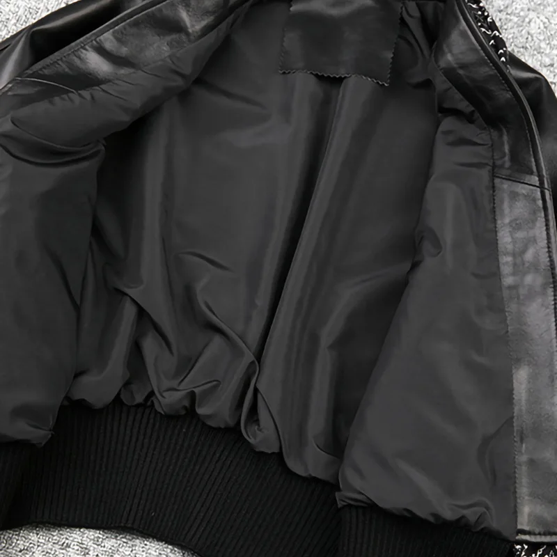 Women Leather Jackets Coats Chiffon Panel Tie Solid Dropped Shoulder Cropped Sheepskin Short Coats Elegant 2022 Autumn TF5003